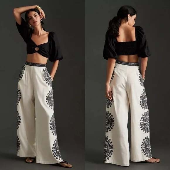 Anthropologie Pants - Anthropologie Ollari Cream Embellished Wide Leg Pants